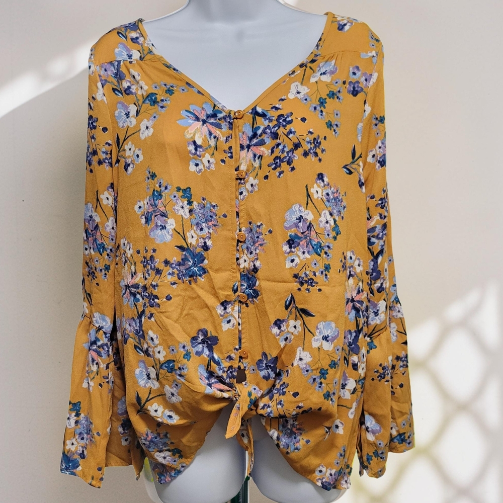 Pink Rose Mustard Floral Button-Front Tie-Hem Blouse